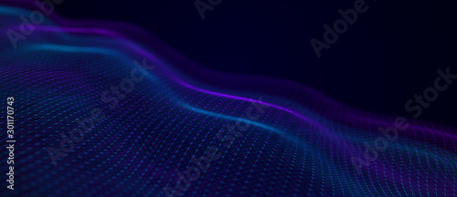 Wave of musical sounds. Abstract background with interweaving of dots and lines. 3D rendering.