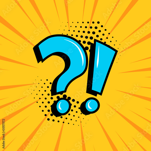 Question mark and exclamation point, blue signs on yellow comic banner in pop art style. Vector