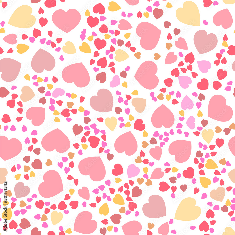 Seamless background with cartoon cute hearts, orange, red, pink colors Seamless background with cartoon cute hearts, orange, red, pink colors