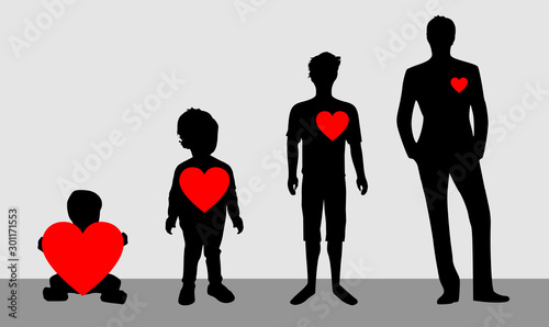 Foto Illustration of a child that when it grows has a heart that gets smaller and smaller