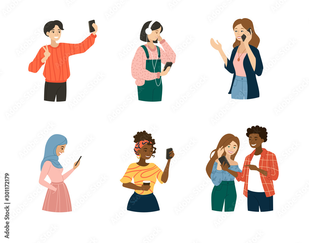 Young People using Smartphones, Chatting, making Selfie and listening Music. Happy Boys and Girls talking and typing on Phone. Female and Male Characters collection. Set of Flat Vector Illustrations Young People using Smartphones, Chatting, making Selfie and listening Music. Happy Boys and Girls talking and typing on Phone. Female and Male Characters collection. Set of Flat Vector Illustrations