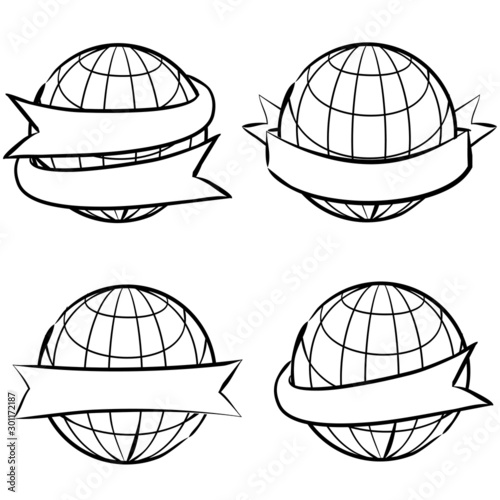 Hand-drawn vector labels with globe. Earth wrapped in tape. Ribbons for text. Vector illustration for global design.