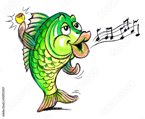 Christmas carp fish with golden scales, dancing and singing carol photo