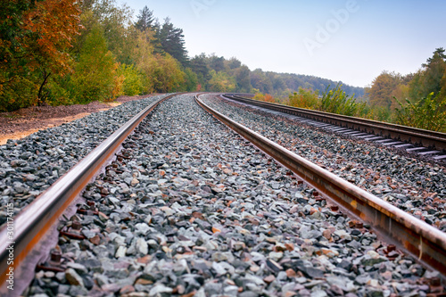 Train tracks in autumn forest.