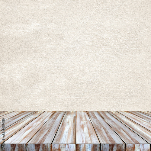 Empty perspective vintage white wood and brown cement wall background  room  table top  shelf for product display montage background
