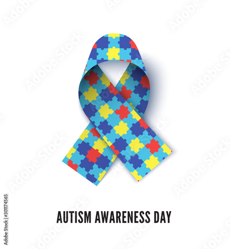 Autism awareness day ribbon realistic vector illustration. ASD symbol, 3D ribbon with colorful jigsaw puzzle texture. Children development disorder tolerance month banner decorative design element