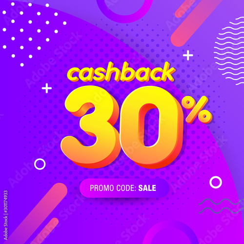 modern Banner design template with 30% cashback offer. Vector illustration for promotion discount sale advertising