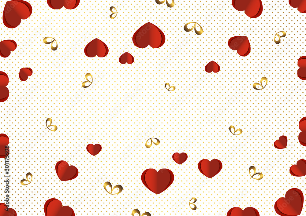 Bright paper hearts and bows on a background of gradient dots, love, celebration, Valentine's Day.