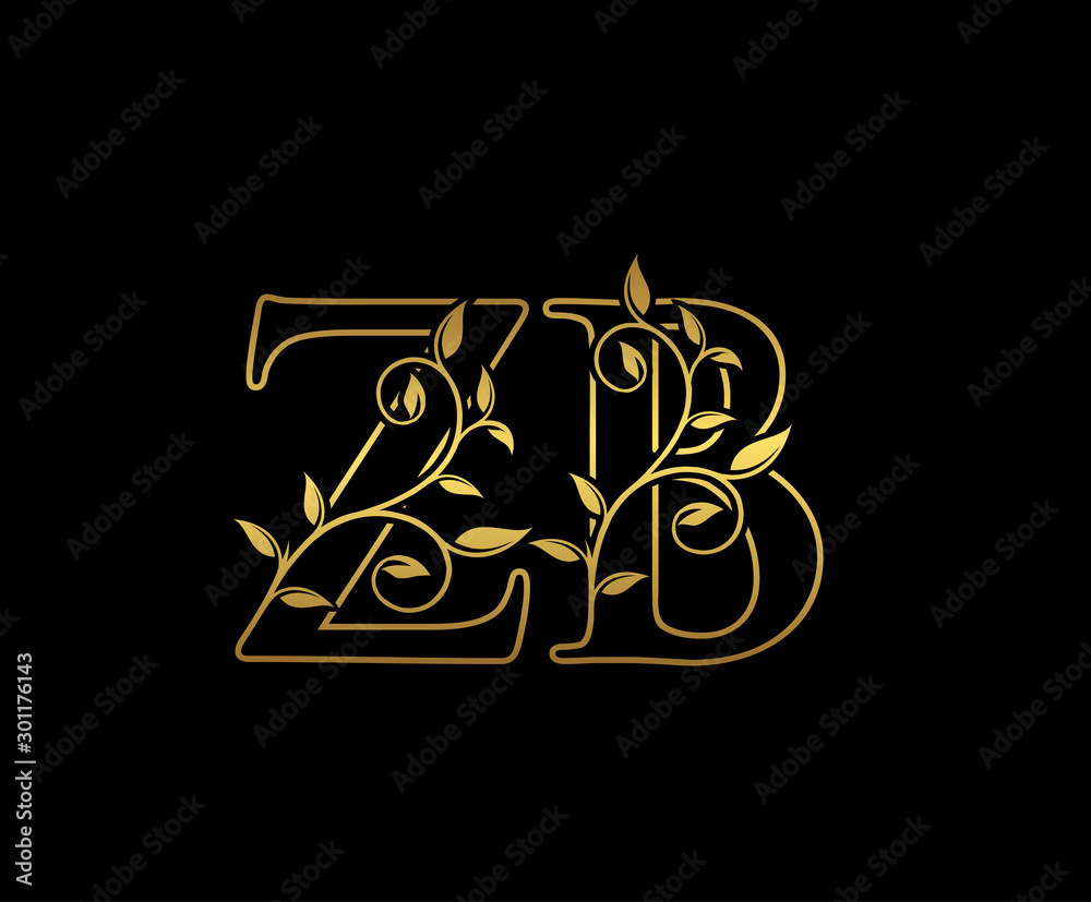 Golden letter Z and B, ZB vintage decorative ornament emblem badge, overlapping monogram logo, elegant luxury gold color on black background.