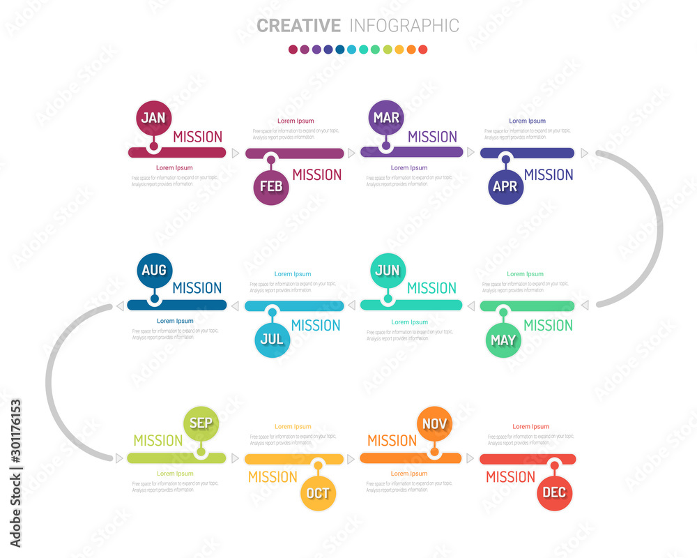 Year planner, 12 months, 1 year, Timeline infographics design vector and Presentation business can be used for Business concept with 12 options, steps or processes.  - obrazy, fototapety, plakaty 