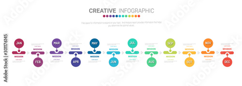 Timeline for 1 year, 12 months, infographics month planner design vector 12 steps and Presentation business can be used for Business concept with 12 options, steps or processes. 