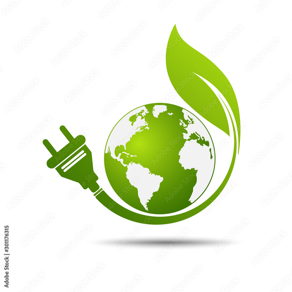 Green eco power plug design with Green earth, vector illustration Green eco power plug design with Green earth, vector illustration