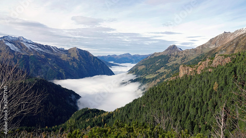 beautiful view from the mountains to the misty valley in autumn