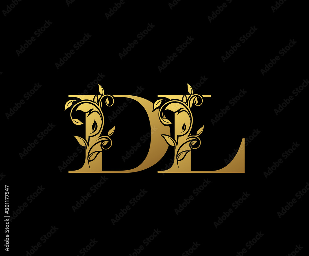 Fototapeta Golden letter D and L, DL vintage decorative ornament emblem badge, overlapping monogram logo, elegant luxury gold color on black background.