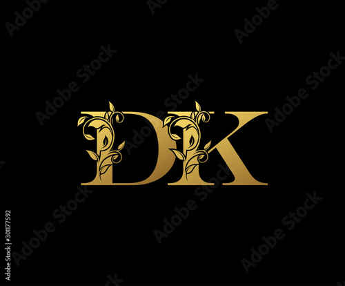 Golden letter D and K, DK vintage decorative ornament emblem badge, overlapping monogram logo, elegant luxury gold color on black background.
