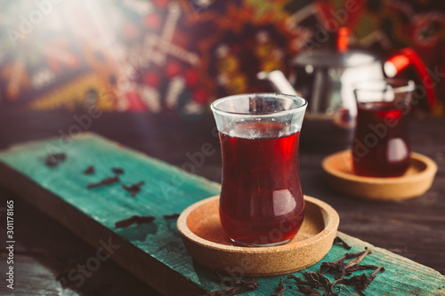 delicious turkish tea on wooden table