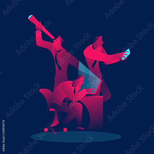 Multitasking, teamwork business concept in red and blue neon gradients