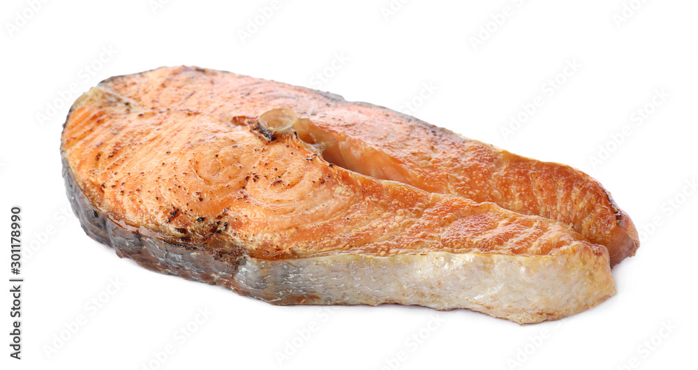 Tasty roasted salmon isolated on white. Fish delicacy