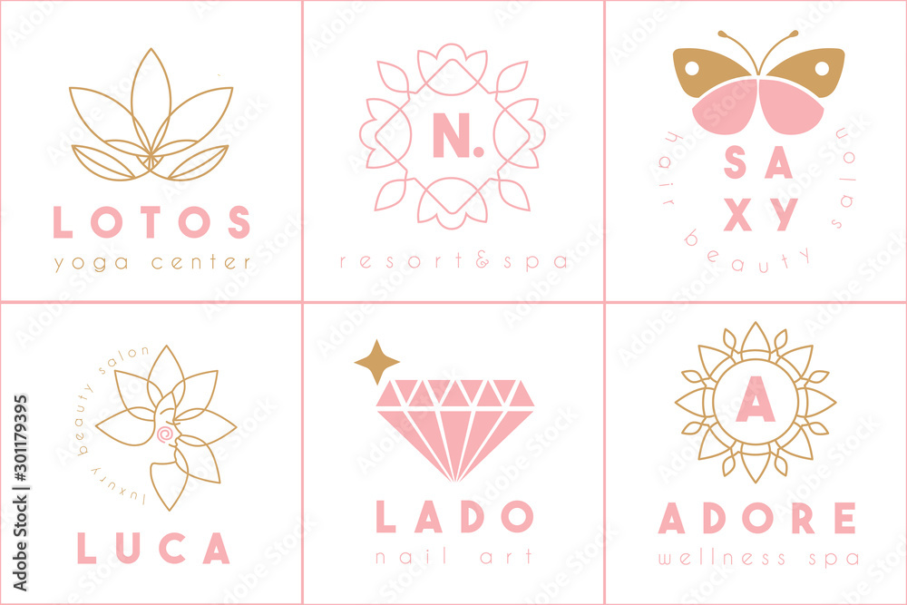 feminine logo collection for beauty salon, hotel, spa, massage studio, nail art in pink and golden colours feminine logo collection for beauty salon, hotel, spa, massage studio, nail art in pink and golden colours