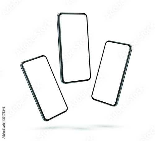 Vector set of smartphone frame less design blank screen in abstract flying positions - mockup template	