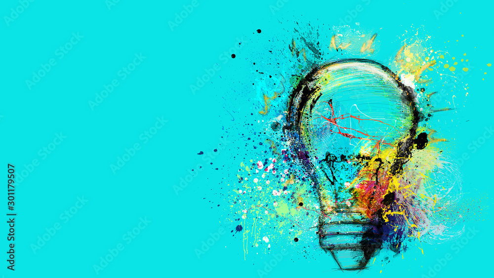 Big stylized light bulb on cyan background drawn with splashes of colored paint. Concept of innovation and creativity - obrazy, fototapety, plakaty 