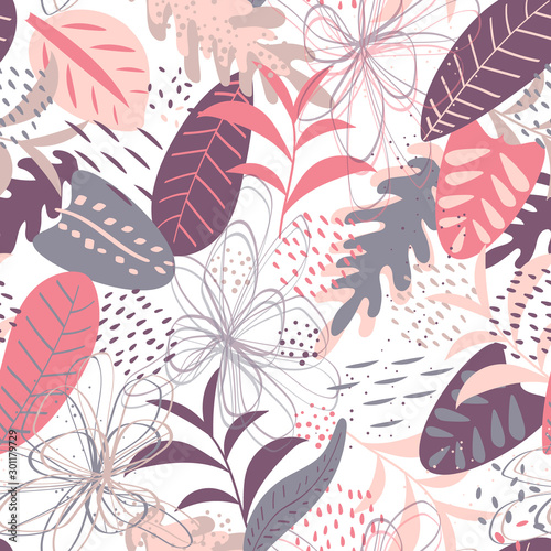 Vector tropical seamless pattern in pastel pink and lilac colors. Elegant tro...