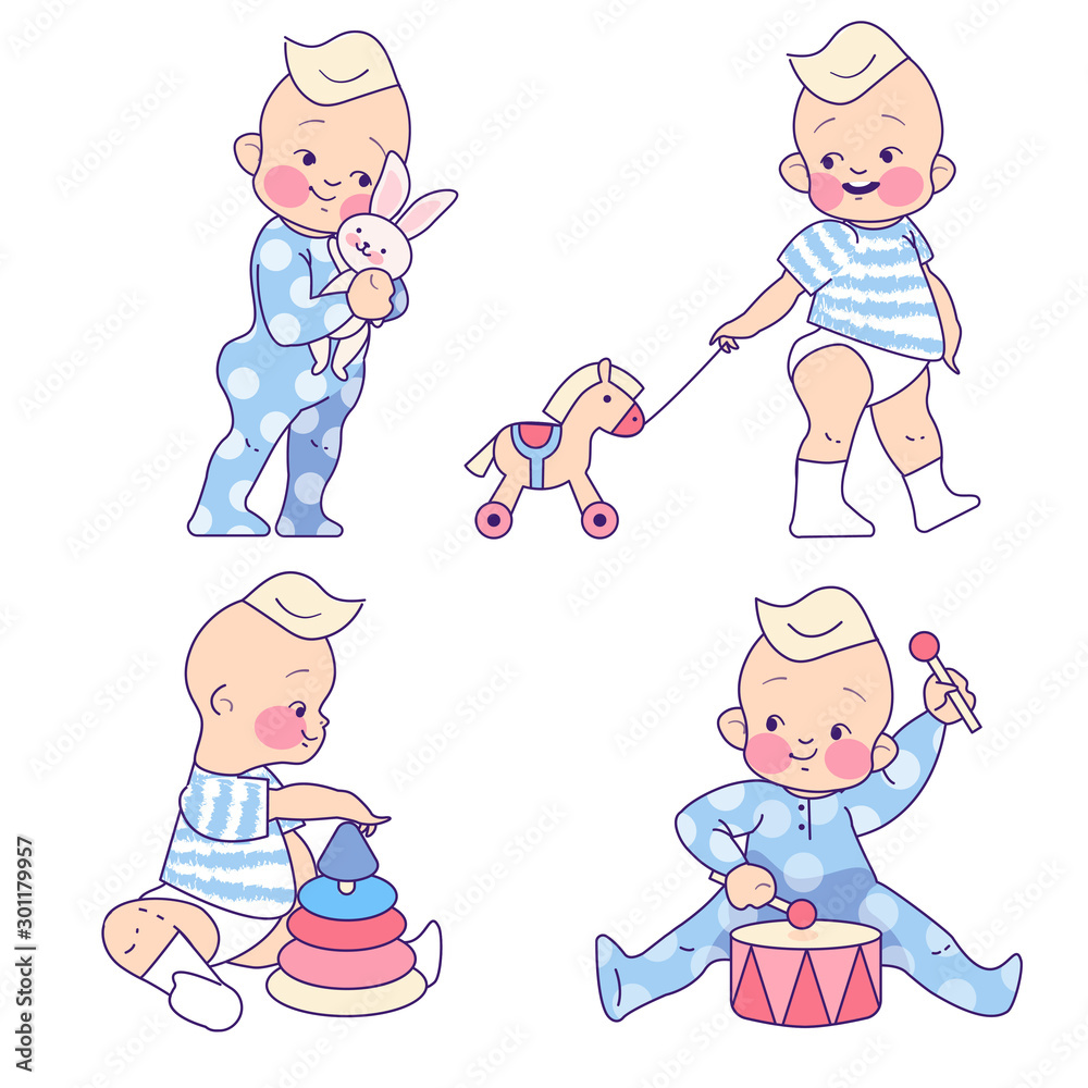 cute baby boy toddler with toys collection. for toys shop, kids store, kindergarten posters, promo, banners cute baby boy toddler with toys collection. for toys shop, kids store, kindergarten posters, promo, banners