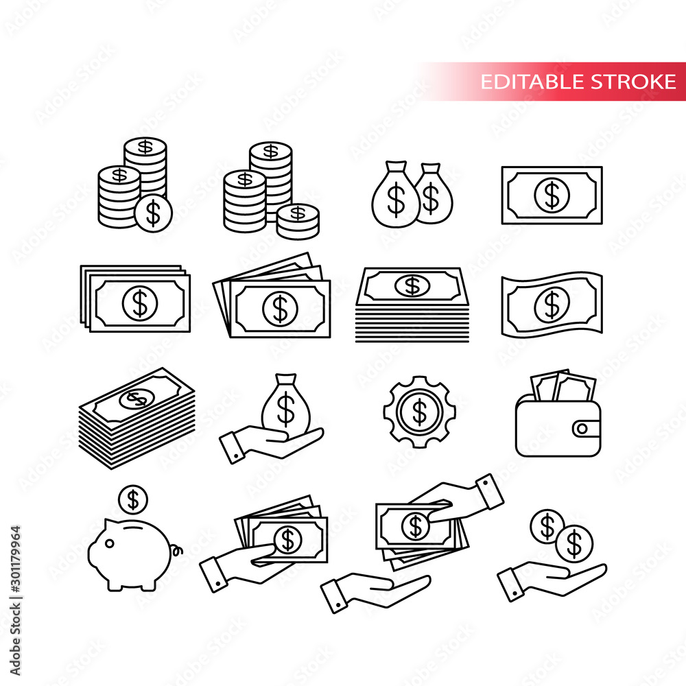 Money, dollar financial thin line vector set. Coin, money stack, wallet, banknote outline icons. - obrazy, fototapety, plakaty 