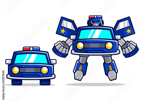 Cartoon Police car robot transform. Sheriff car