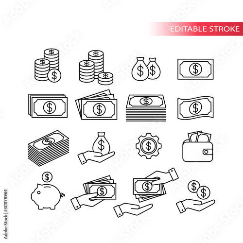 Money, dollar financial thin line vector set. Coin, money stack, wallet, banknote outline icons.