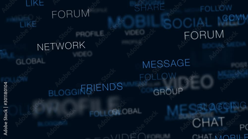 Social Media Concept Word Cloud Flythrough Loop. Abstract animated background through floating clouds of keyword text. Social Media Concept Word Cloud Flythrough Loop. Abstract animated background through floating clouds of keyword text.