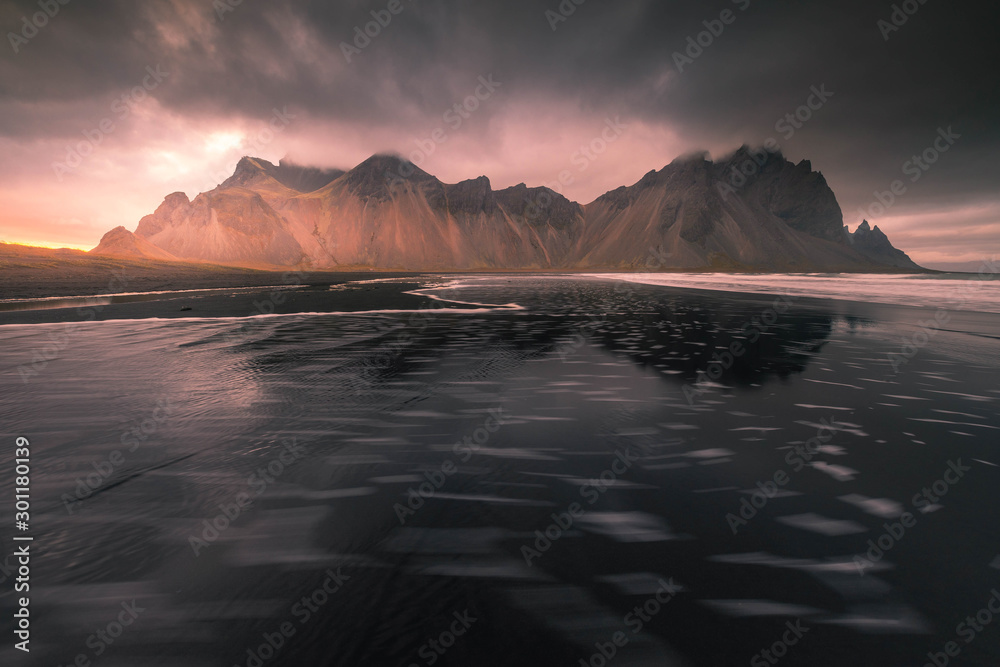View to the Vestrahorn mountain from the Stokksnes beach, Iceland.