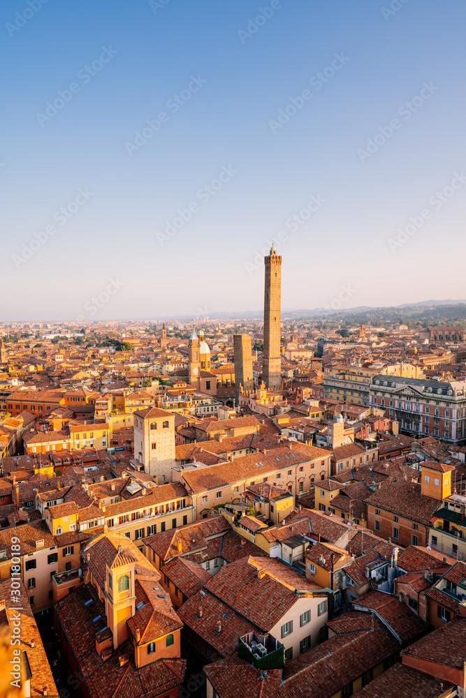 Bologna, high angle view of city and buildings at sunset, Two Towers, Asinelli and Garisenda, Emilia Romagna, italy