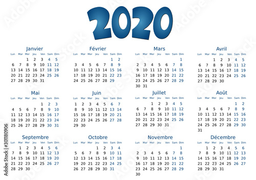 Calendrier 2020 simple - facilement éditable