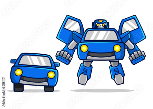 Blue robot car transfom and fly