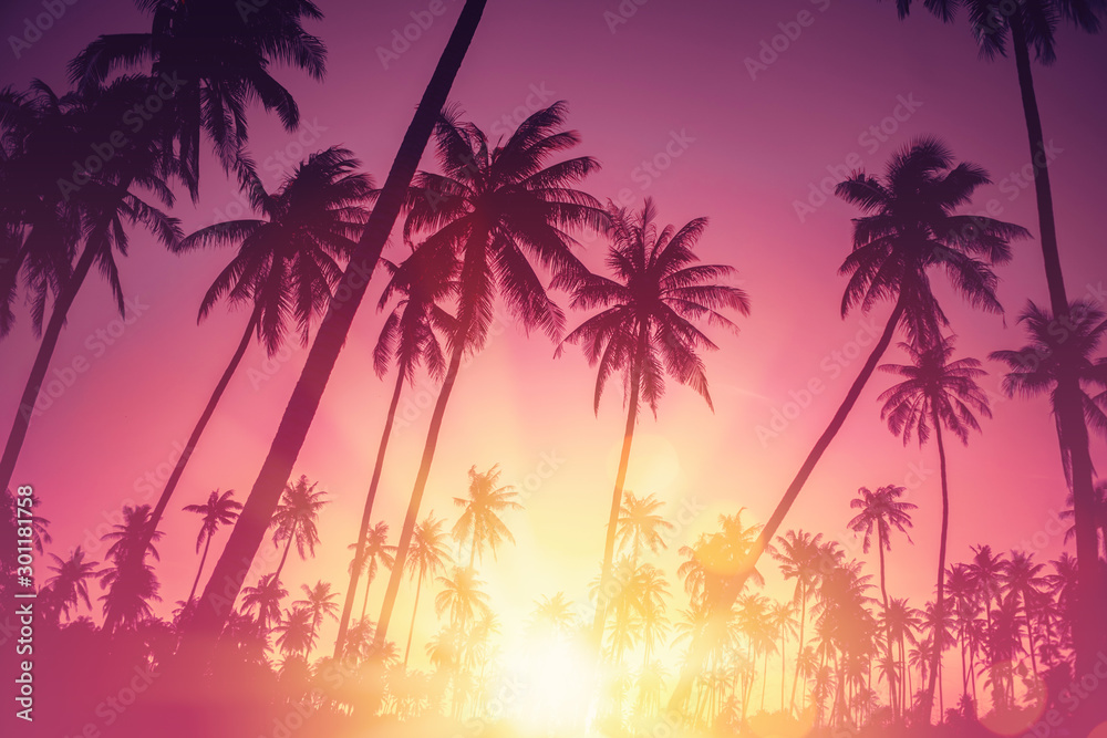 Naklejka premium Tropikalna palma z kolorowe bokeh światło słoneczne na zachód słońca niebo chmura streszczenie tło.