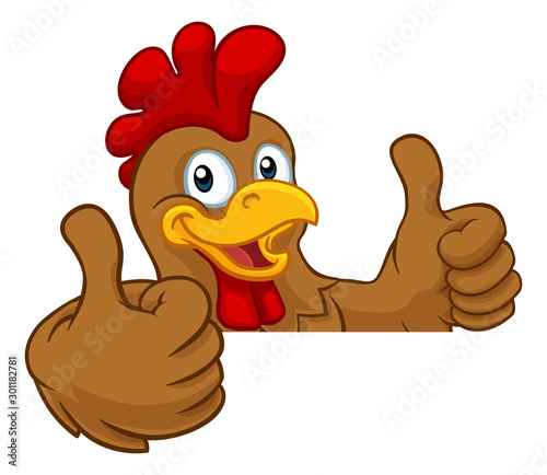 A chicken cartoon rooster cockerel character mascot giving a thumbs up.