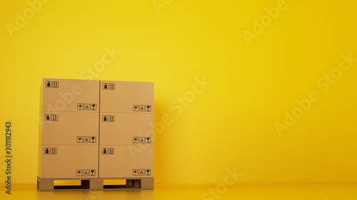 Bilde på lerret Pile of cardboard boxes on a wooden pallet with yellow background