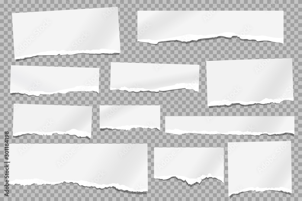 Set of torn white note, notebook paper pieces, reminder tapes stuck on grey squared background. Vector illustration
