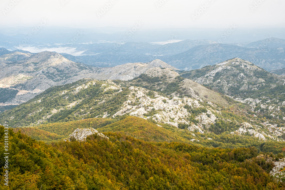 Fototapeta premium Lovcen viewpoint during fall season with low clouds hugging the trees