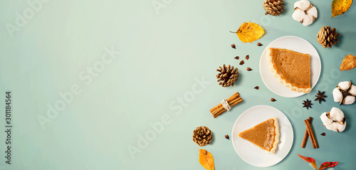 Autumn theme with pumpkin pies - overhead view