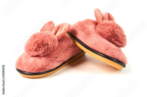Cute warm fluffy women's Bunny Slippers isolated on white background