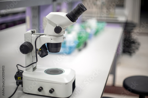 Laboratory microscope stereo eyepiece in laboratory.