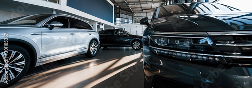 Brand new cars at dealer showroom. Perfectly polished. Natural lighting © standret