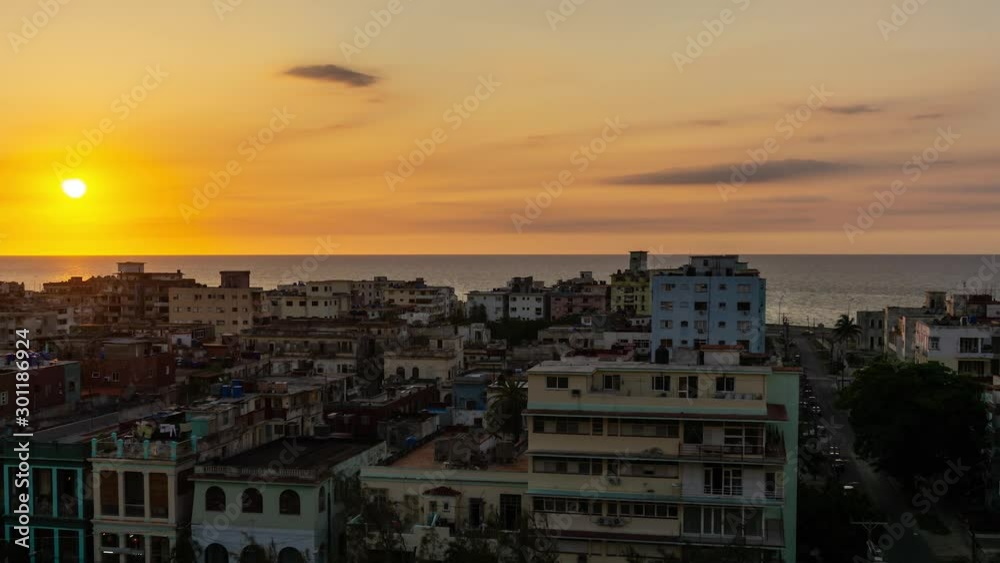 Aerial Time lapse view of the residential neighborhood in the Havana City, Capital of Cuba, during a colorful and cloudy sunset. Aerial Time lapse view of the residential neighborhood in the Havana City, Capital of Cuba, during a colorful and cloudy sunset.