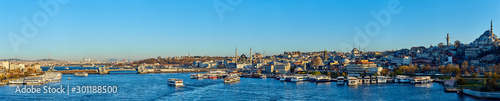 Istanbul, Turkey - 1 April, 2017: Panorama of Cityscape of Golden horn with ancient and modern buildings