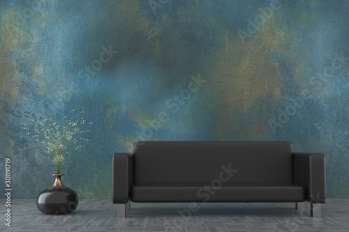 Interior with sofa and a plant with copy space, 3D rendering
