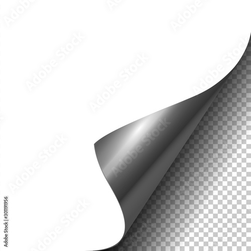 Vector Platinum Curled Glossy Foil Corner of White Paper with Shadow Mock up Close up Isolated on Transparent Background
