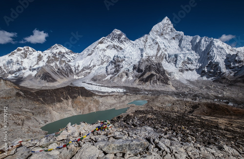 Day panoramic view of mountains: Mount Everest 8848m, Nuptse 7861m, Everest base camp path and Khumbu Glacier from Kala Patthar 5644m,Khumbu valley, Sagarmatha national park, Nepalese Himalayas