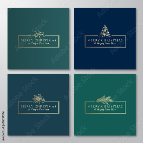 Christmas Abstract Rectangle Frame Cards or Banners Collection with Modern Typography. Premium Green Background and Golden Greeting Sketches Layouts Set. Holly, Mistletoe and Pine Tree Illustrations
